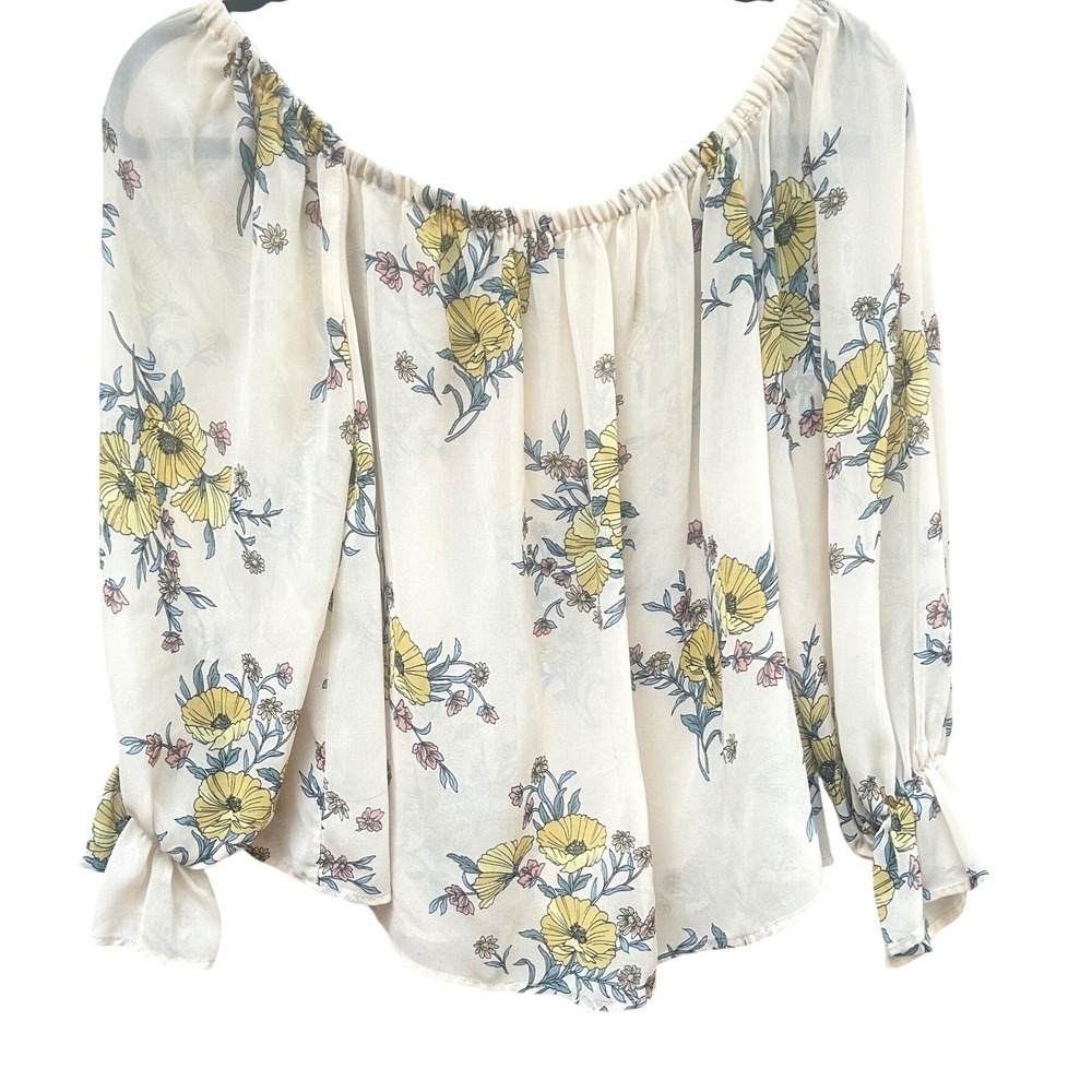 Forever 21 Contemporary Floral Off Shoulder Tie Cuff Chiffon Blouse Cream Medium